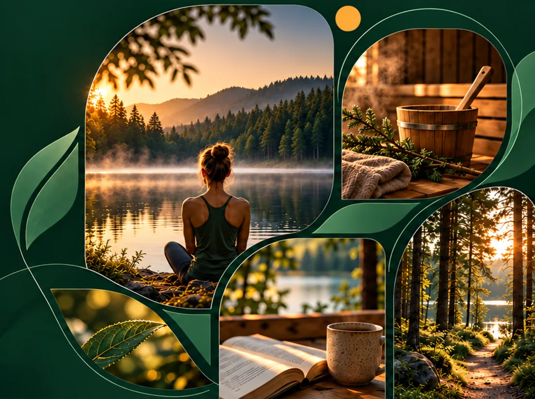 A woman sits by a misty forest lake at sunrise, among everyday moments of wellbeing: a sauna bucket and ladle, a leaf in morning light, an open book beside a cup of tea, and a sunlit forest path.